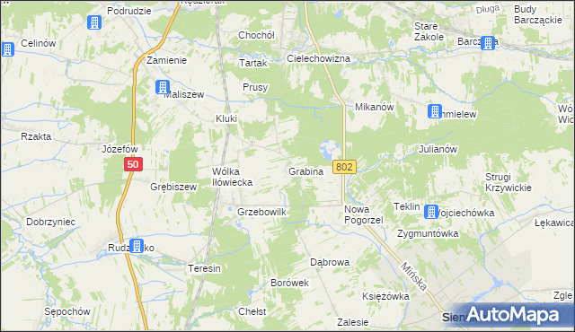 mapa Grabina gmina Mińsk Mazowiecki, Grabina gmina Mińsk Mazowiecki na mapie Targeo