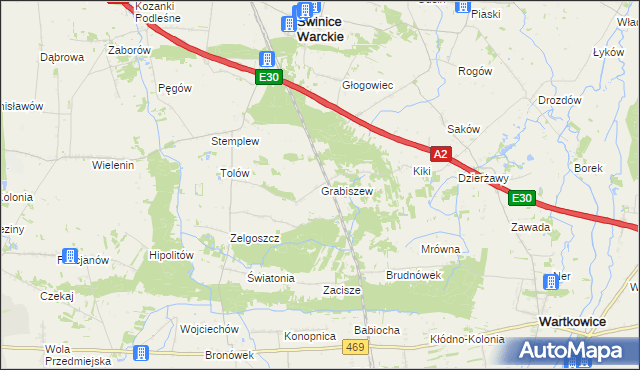 mapa Grabiszew gmina Wartkowice, Grabiszew gmina Wartkowice na mapie Targeo