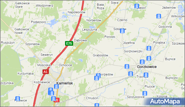 mapa Grabostów gmina Gorzkowice, Grabostów gmina Gorzkowice na mapie Targeo