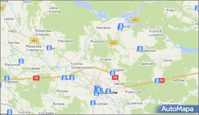 mapa Grudna gmina Szczerców, Grudna gmina Szczerców na mapie Targeo