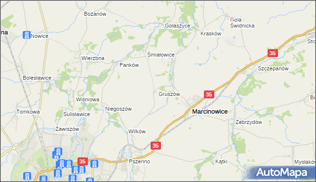 mapa Gruszów gmina Marcinowice, Gruszów gmina Marcinowice na mapie Targeo