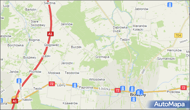 mapa Grzmiąca gmina Brzeziny, Grzmiąca gmina Brzeziny na mapie Targeo