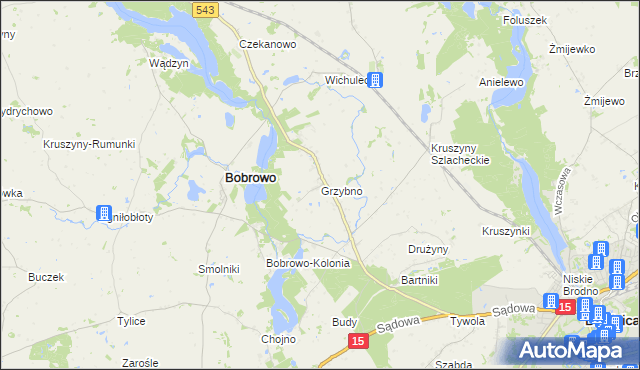 mapa Grzybno gmina Bobrowo, Grzybno gmina Bobrowo na mapie Targeo