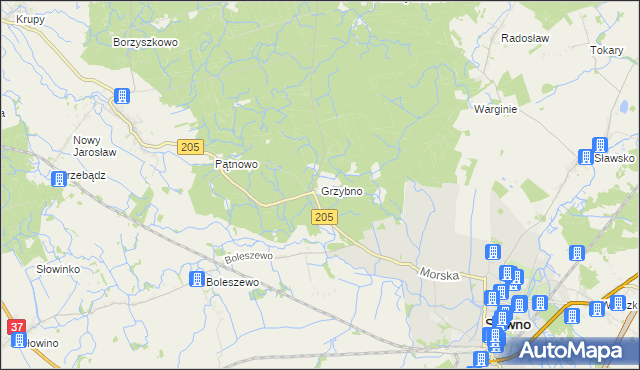 mapa Grzybno gmina Sławno, Grzybno gmina Sławno na mapie Targeo