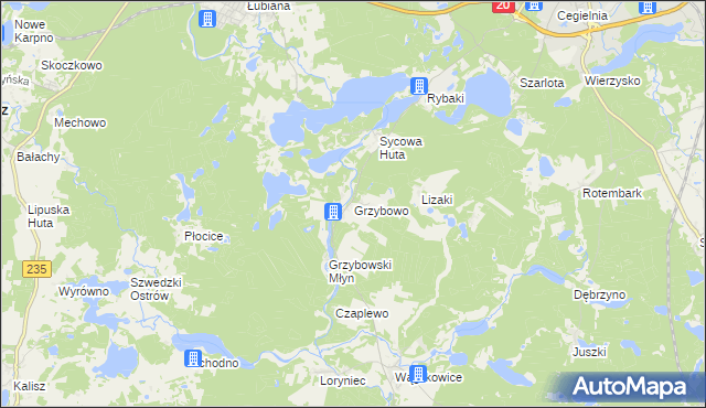 mapa Grzybowo gmina Kościerzyna, Grzybowo gmina Kościerzyna na mapie Targeo