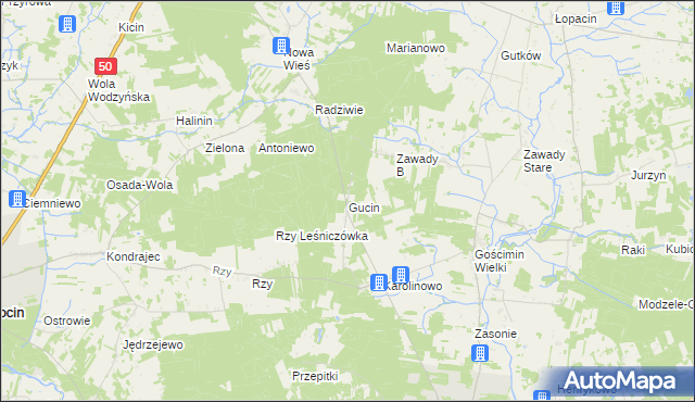 mapa Gucin gmina Nowe Miasto, Gucin gmina Nowe Miasto na mapie Targeo