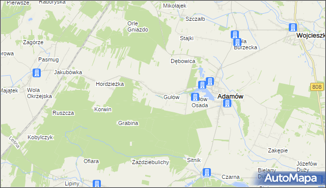 mapa Gułów gmina Adamów, Gułów gmina Adamów na mapie Targeo