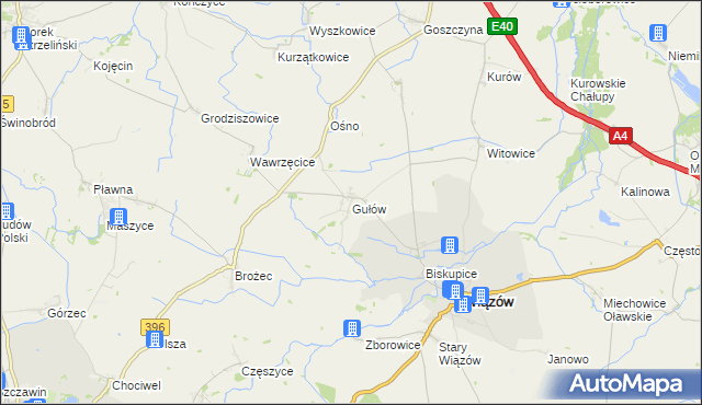 mapa Gułów gmina Wiązów, Gułów gmina Wiązów na mapie Targeo