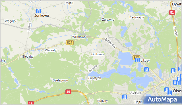 mapa Gutkowo gmina Jonkowo, Gutkowo gmina Jonkowo na mapie Targeo