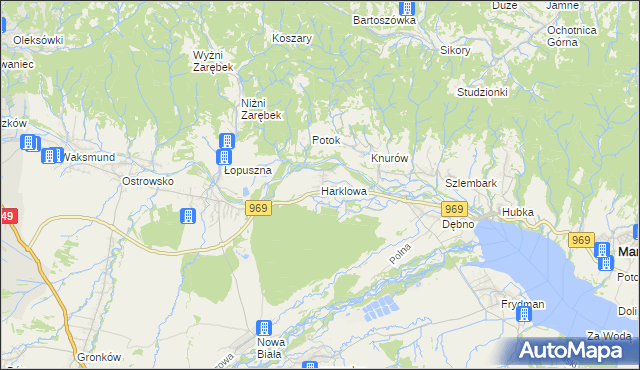 mapa Harklowa gmina Nowy Targ, Harklowa gmina Nowy Targ na mapie Targeo