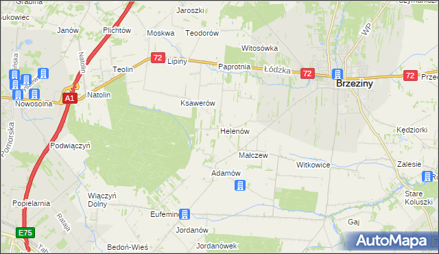 mapa Helenów gmina Brzeziny, Helenów gmina Brzeziny na mapie Targeo