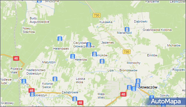mapa Henryków gmina Głowaczów, Henryków gmina Głowaczów na mapie Targeo