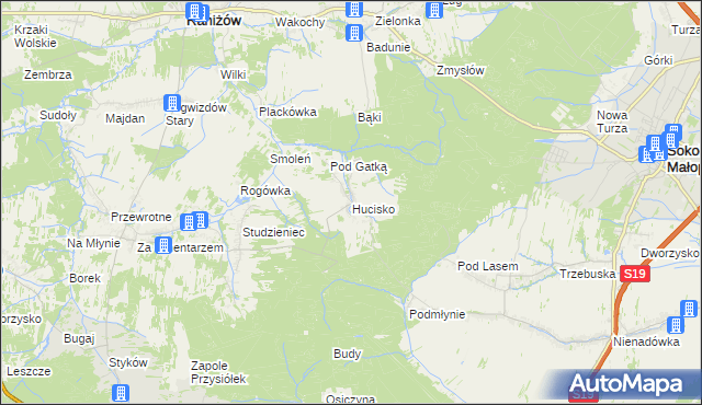 mapa Hucisko gmina Głogów Małopolski, Hucisko gmina Głogów Małopolski na mapie Targeo