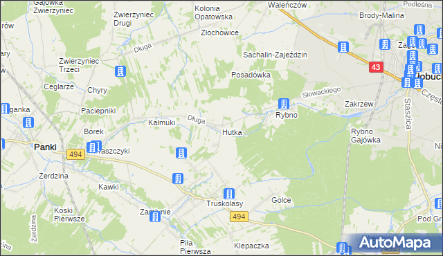 mapa Hutka gmina Wręczyca Wielka, Hutka gmina Wręczyca Wielka na mapie Targeo
