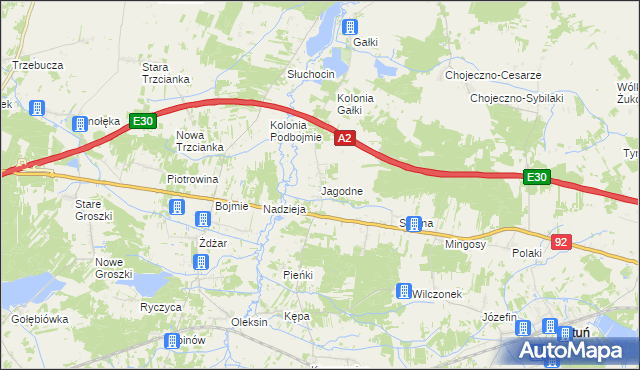 mapa Jagodne gmina Kotuń, Jagodne gmina Kotuń na mapie Targeo
