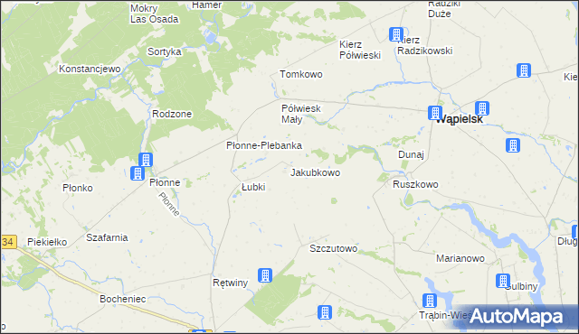 mapa Jakubkowo gmina Radomin, Jakubkowo gmina Radomin na mapie Targeo