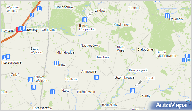 mapa Jakubów gmina Kowiesy, Jakubów gmina Kowiesy na mapie Targeo