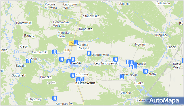 mapa Jakubowice gmina Kluczewsko, Jakubowice gmina Kluczewsko na mapie Targeo