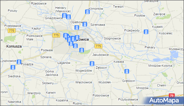 mapa Jakubowice gmina Proszowice, Jakubowice gmina Proszowice na mapie Targeo