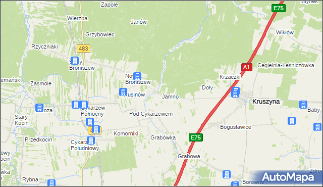 mapa Jamno gmina Mykanów, Jamno gmina Mykanów na mapie Targeo