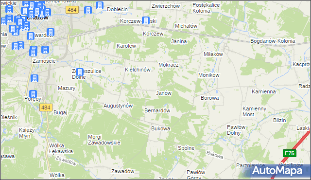 mapa Janów gmina Bełchatów, Janów gmina Bełchatów na mapie Targeo
