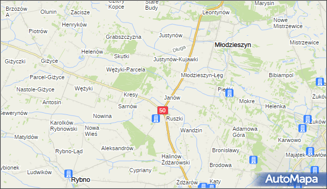 mapa Janów gmina Młodzieszyn, Janów gmina Młodzieszyn na mapie Targeo
