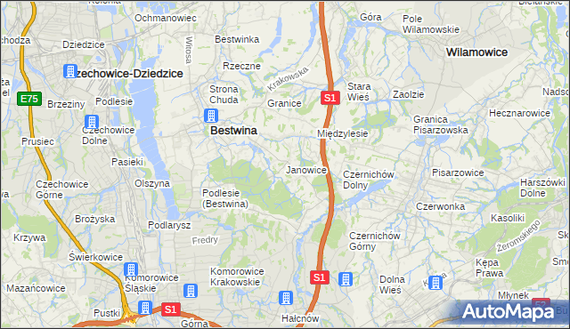 mapa Janowice gmina Bestwina, Janowice gmina Bestwina na mapie Targeo
