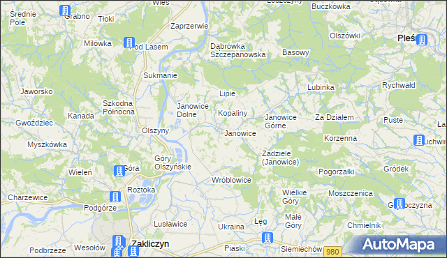 mapa Janowice gmina Pleśna, Janowice gmina Pleśna na mapie Targeo