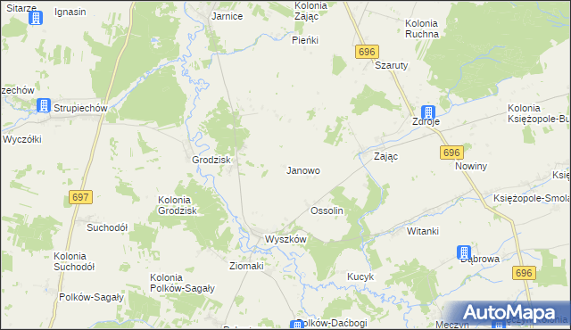 mapa Janowo gmina Liw, Janowo gmina Liw na mapie Targeo