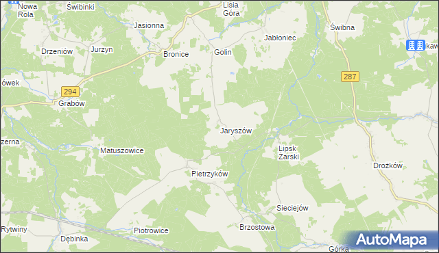 mapa Jaryszów gmina Jasień, Jaryszów gmina Jasień na mapie Targeo