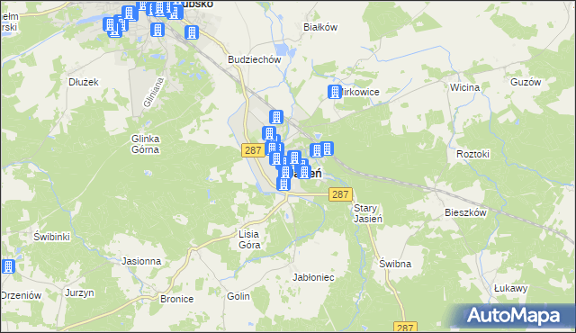 mapa Jasień powiat żarski, Jasień powiat żarski na mapie Targeo