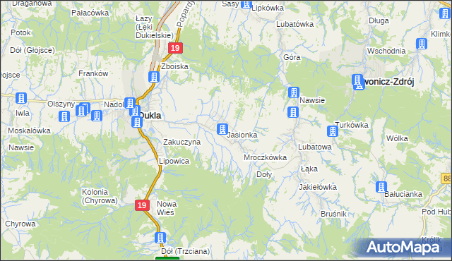 mapa Jasionka gmina Dukla, Jasionka gmina Dukla na mapie Targeo