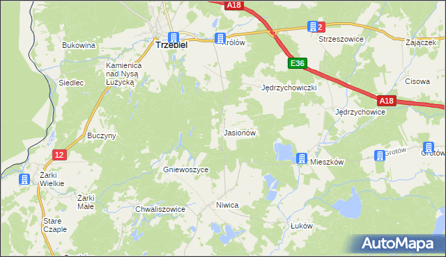 mapa Jasionów gmina Trzebiel, Jasionów gmina Trzebiel na mapie Targeo