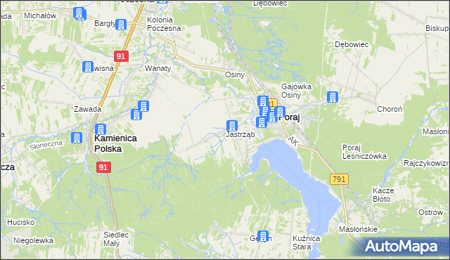 mapa Jastrząb gmina Poraj, Jastrząb gmina Poraj na mapie Targeo