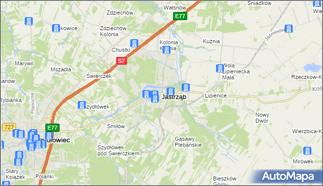 mapa Jastrząb powiat szydłowiecki, Jastrząb powiat szydłowiecki na mapie Targeo