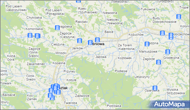 mapa Jazowa gmina Wiśniowa, Jazowa gmina Wiśniowa na mapie Targeo