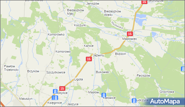 mapa Jaźwiny gmina Trzebnica, Jaźwiny gmina Trzebnica na mapie Targeo