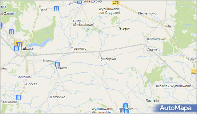 mapa Jędrzejewo gmina Lubasz, Jędrzejewo gmina Lubasz na mapie Targeo