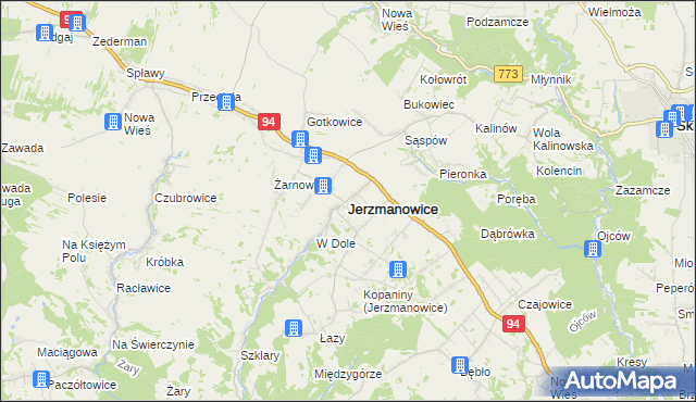 mapa Jerzmanowice gmina Jerzmanowice-Przeginia, Jerzmanowice gmina Jerzmanowice-Przeginia na mapie Targeo