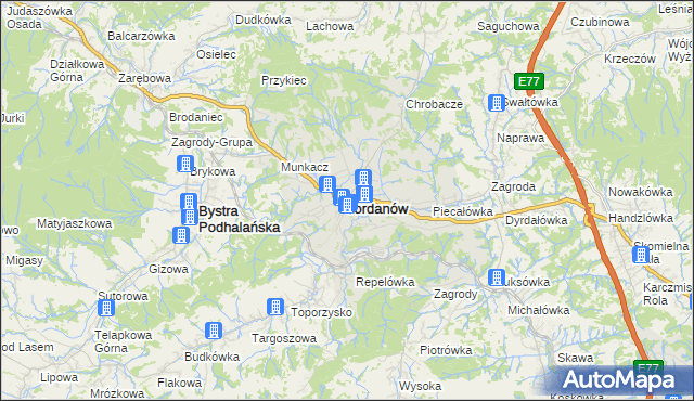 mapa Jordanów powiat suski, Jordanów powiat suski na mapie Targeo