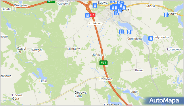 mapa Juńcza gmina Olsztynek, Juńcza gmina Olsztynek na mapie Targeo