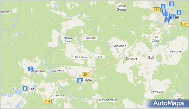 mapa Jurzyn gmina Jasień, Jurzyn gmina Jasień na mapie Targeo