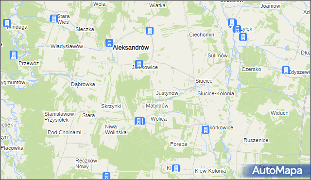 mapa Justynów gmina Aleksandrów, Justynów gmina Aleksandrów na mapie Targeo