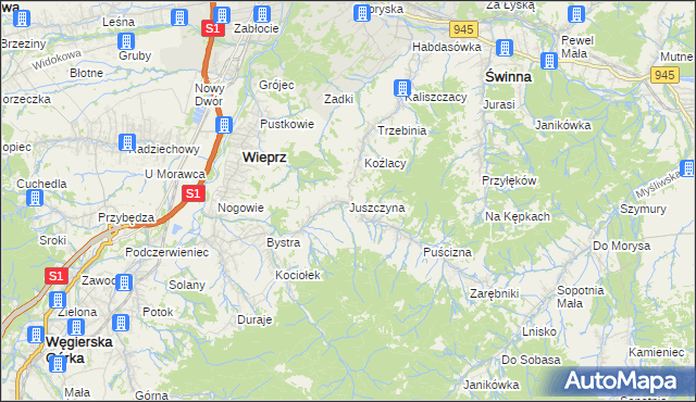 mapa Juszczyna, Juszczyna na mapie Targeo