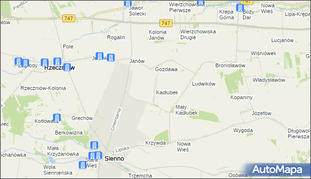 mapa Kadłubek gmina Sienno, Kadłubek gmina Sienno na mapie Targeo