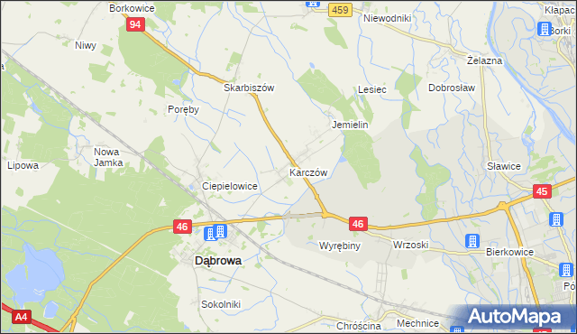 mapa Karczów gmina Dąbrowa, Karczów gmina Dąbrowa na mapie Targeo