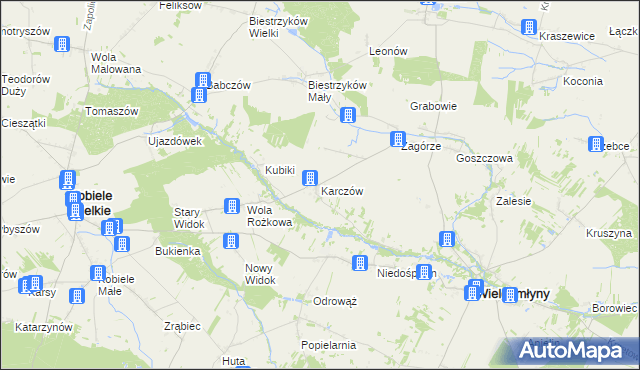 mapa Karczów gmina Wielgomłyny, Karczów gmina Wielgomłyny na mapie Targeo