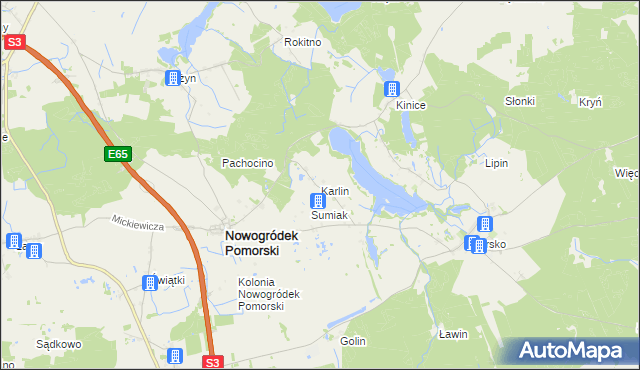 mapa Karlin gmina Nowogródek Pomorski, Karlin gmina Nowogródek Pomorski na mapie Targeo