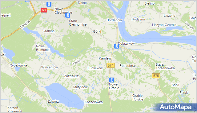 mapa Karolew gmina Gąbin, Karolew gmina Gąbin na mapie Targeo