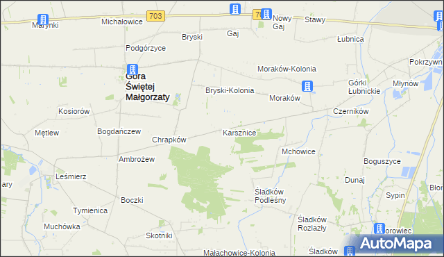 mapa Karsznice gmina Góra Świętej Małgorzaty, Karsznice gmina Góra Świętej Małgorzaty na mapie Targeo